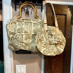 Elegant Beige Patterned Tote Bag Set one with bamboo handles